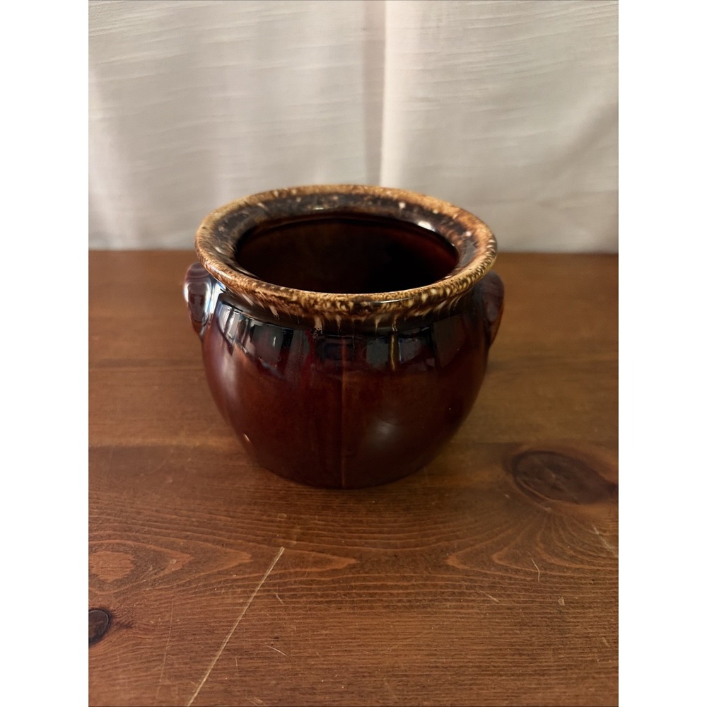 Hull‎ Bean Pot Pottery Brown Drip Glaze Design Molded Handles No Lid